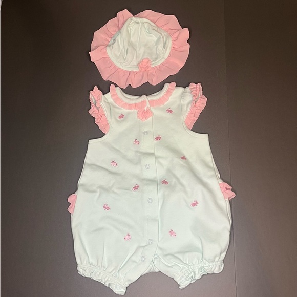 Little Me 6 Months Baby Girls Bunny Romper Hat Matching Set Easter Outfit Ruffle - Picture 2 of 13